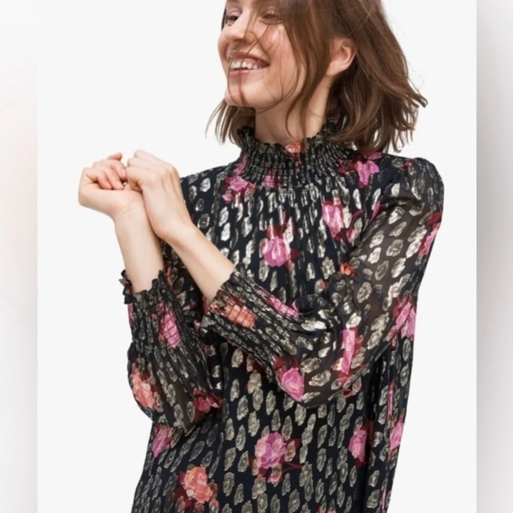 Kate Spade Rose Garden Clip metallic Floral Black long sleeve shimmer Dress